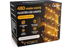 CHRISTOW 480 LED Cluster Christmas Tree Lights, Warm White Fairy Lights with Timer, 8 Light Modes, Energy Efficient 3mm Micro LEDs, Indoor & Outdoor, Mains Powered, Green Cable, 5.98m Lit Length