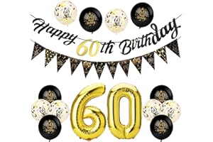 Afirbeone 60th Birthday Decorations Set, Including Black Gold Happy Birthday Banner, Triangle Flag Banner, Confetti Latex Balloons and Aluminum Foil Balloons for Party Decoration