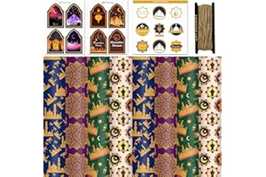 FullJoyHut 8 Papier Cadeau Eid Mubarak Ramadan Motifs Étoiles et Lune Papier d'Emballage Cadeau, Étiquettes Autocollant Cadeaux de Ramadan Eid Al-Fitr, Emballage Cadeau pour Islamique Musulman