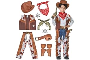 WELLCHY Deguisement Cowboy Enfant, 11 Pièces Costume Cowboy Enfant, Western Cowboy Enfants avec Chapeau Gilet Foulard Cowboy Ceinture Insignes pour Carnaval, Fête Costumée, Jeu de Rôle