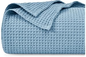 PHF 100% Cotton Waffle Blanket 150x200cm - Pre-Washed Soft Lightweight Throw Blanket for All Season- Perfect Blanket Layer for Couch Bed Sofa - Elegant Home Decoration - Twin/Double Size-Dusty Blue