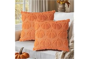 GOZYLA 2er Set Herbst Winter Kissenbezüge 45x45 cm Dekorative Kissenbezug Kürbismuster Kunstfellwolle Weicher Plüsch Kissenhülle Sofakissenbezug Stuhl Schlafzimmer Wohnzimmer Heimdekoration(Orange)