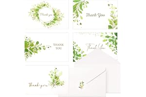 Masper 12/36 Thank You Cards, 6 Designs of Gold Foil Watercolour Greenery Thank You Cards With Envelopes And Stickers For Wedding Birthday Anniversary Business