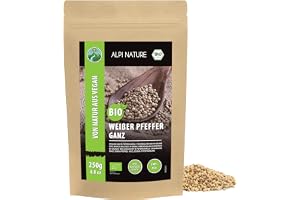 Ekologisk peppar vit (250 g), ekologiska vita pepparkorn, vit peppar från kontrollerad ekologisk pepparkorn, vit laboratorietestad, 100 % ren och naturlig