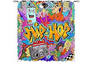 ‎YUANZU YUANZU Hippie Vorhänge Kinder Bunte Hip Hop Graffiti Doodle Ösen Gardinen mit Blickdichte Vorhang Kälteschutz Blackout Curtain Kinderzimmer Schlafzimmer Verdunkelung Fenster, 2 Stück, H 160 x B 106 cm