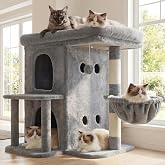 Heybly HCT204SW Cat Tree, 65 cm High, Light Grey | with an Extra Large Top Platform, Two Tier Cat Basket, Sisal Scratcher, Ba