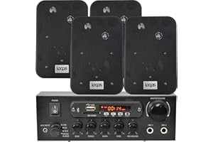 LOOPS Office/Shop Bluetooth Music System | SMART HOME Stereo Amp | 4x 4" 70W Black Wall Mounted Speakers & 110W HiFi Amp | Wireless Background Music Player Kit | Echo/Alexa | CD player FM Radio Receiver