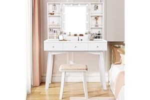 ANWBROAD Toeletta da Trucco con Illuminazione Tavolo da Trucco con Specchio Toilette in 3colori Illuminazione a LED Postazione Trucco 3 cassetti 2 Divisori Bianco BDT09W