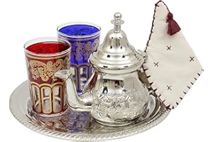 ESSENCE OF MOROCCO Moroccan Engraved Teapot Set Small: Silver Teapot with Integrated Filter and Teapot Holder, 2 Tea Glasses and Silver Tray, Handmade in Morocco, Serving Mint Tea Gift Set