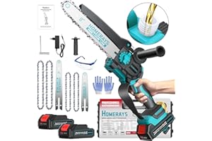 HOMERAYS Mini Motosega a Batteria per Potatura con 4000mAh, Mini Motosega Elettrica da 8 e 6 Pollici con Oliatore Automatico e Batteria per motosega a Mano Senza spazzole 2 * 2000mAh per Cesoie da Giardino