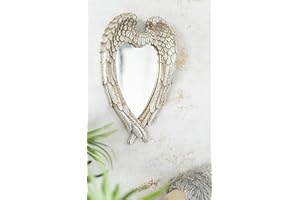 HomeZone Rustic Large Angel Wings Silver Heart Shaped Mirror - Antique Vintage Retro Shabby Chic Style Wall Mounted Feather Mirror - Decorative Home Accessories Mirror for Bedroom, Living Room Decor