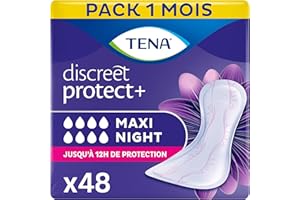 TENA Discreet Maxi Night – Serviettes Incontinence Femme - Post-accouchement - Protections Absorbantes pour Fuites Urinaires Modérées à Fortes - 48 Serviettes (Pack 1 Mois)