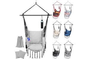 Miadomodo® Chaise Hamac - 150kg, Coussins Amovibles, Barre d'Écartement Acier, Couleur Choix - Fauteuil Suspendu, Siège, Balançoire, Jardin, Balcon, Patio, Intérieur/Extérieur (Gris)