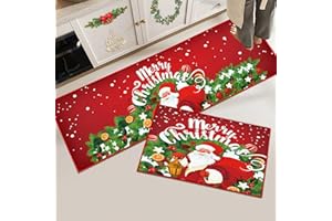 ‎HOIMLM Hoimlm Weihnachts Küchenteppiche 2 Stück Rutschfestes Küchenmatten, Wasser und Öl aufnehmen Küche Matten Fußmatte Teppich Set, Weihnachts für Geschenke (Weihnachten Rot D, 43x150 cm+43x75 cm)