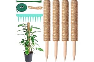 YOUNGSAY 4 Pezzi Palo Totem in Fibra di Cocco, 42cm Scalabile Bastone per Piante Rampicanti con 10 Etichette per Piante + 20 Fascette Metalliche + 2M Fascette in Velcro + 2M Corda di Canapa