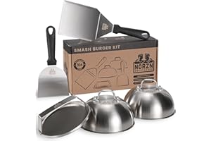 Norzn Brothers® Kit Smash Burger – Presse Smash Burger, Presse Burger, Smasher Burger, Kit Burger, Spatule Plancha, Cloche plancha, Acier INOX 304, Certifié Contact Alimentaire, Garantie 10 Ans
