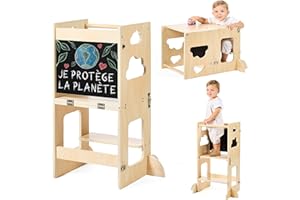 KYWAI® Tour d observation enfant – Tour d'observation montessori pliable 3 en 1 Premium: convertible en bureau avec ardoise, bois FSC, entreprise durable engagée dans la reforestation, pour enfants 1-