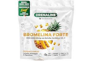 SYMBEAUTY Bromelina Forte Drenante 2500+5000 GDU (120cpr - Fino a 4 mesi) + Protocollo Fast Anticellulite | Bromelina, Centella, Betulla e Vitamina C. Integratore Cellulite Drenaggio e Digestione - Vegano