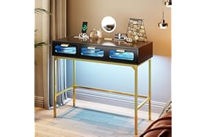 FREDEES Schminktische mit Beleuchtung ohne Spiegel, Klein Schminktisch mit Ladestation, Holz Schminktisch mit 3 Schubladen, Schwarz