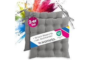 ‎WOMETO wometo 2er Set Sitzkissen Stuhl 40x40 Oeko-TEX - grau Mittelgrau Sitzpolster Stuhlkissen mit Bändern/Schleifen für Indoor und Outdoor (2 Stück)