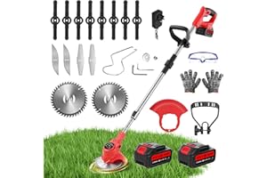 LTPAG Cordless Strimmer Metal Blade 21V, Telescopic Cordless Grass Trimmer with 2 Batteries, Garden Strimmer with 6xMetal Blades & 8xPlastic Blades, Grass Cutter for Clearing Shrub Weeds Flower