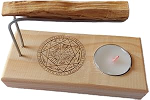 YA-DECOREGALOS Quemador para Palo Santo/inciesos/Atados Hecho a Mano artesanalmente, Simbolo de los 7 Arcangeles, Base de Madera Varillas metalicas, Palo Santo y Vela incluidos