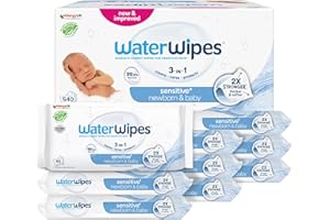 ‎WATERWIPES WaterWipes Sensitive+ Newborn & Baby Wipes, Chusteczki dla noworodków i niemowląt, 540 sztuk (opakowanie 9), 3 w 1: delikatnie oczyszczają, pielęgnują, chronią, 99.9% wody, bezzapachowe
