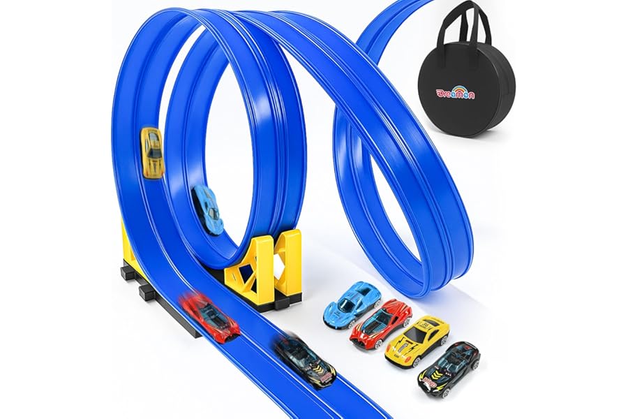 Dreamon Car Track 5M Flexible Race Track for Toy Cars with 4 Plastic Cars 2 Ramps 1 Storage Bag 4 Suction Cups Christmas Birthday Gifts for 3 4 5 6 7 8 Years Old Boys Girls Kids
