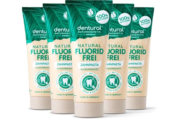 dentural by happybrush Naturkosmetik Lot de 5 dentifrices sans fluorure au goût menthe – Dentifrice sans fluorure avec 5 protections pour une haleine fraîche – Sans microplastique – 5 x 75 ml