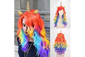 Hifot Perruque Licorne Adulte Femme, Deguisement Licorne avec Oreille et Corne, Perruque Multicolore Longue Cosplay pour Anniversaire Faire la Fête