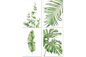 A&M Natural Living Botanical Prints, Set of 4 Unframed Watercolour Green Art Posters, Leaf Pictures Wall Art for Home Decor, Bathroom, Kitchen, Living Room (A4)
