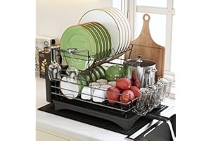 Qienrrae Dish Drying Rack, 2 Tier Large Dish Drainer with Drip Tray, Stainless Steel Dish Rack with Swivel Drainage Spout, Utensil Holder and Drying Mat, Draining Board for Kitchen Counter