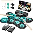 CAHAYA Electronic Drum Kit with Dual Speaker 9 Pads for Kid’s Gift Portable and Durable Blue Roll up Drum