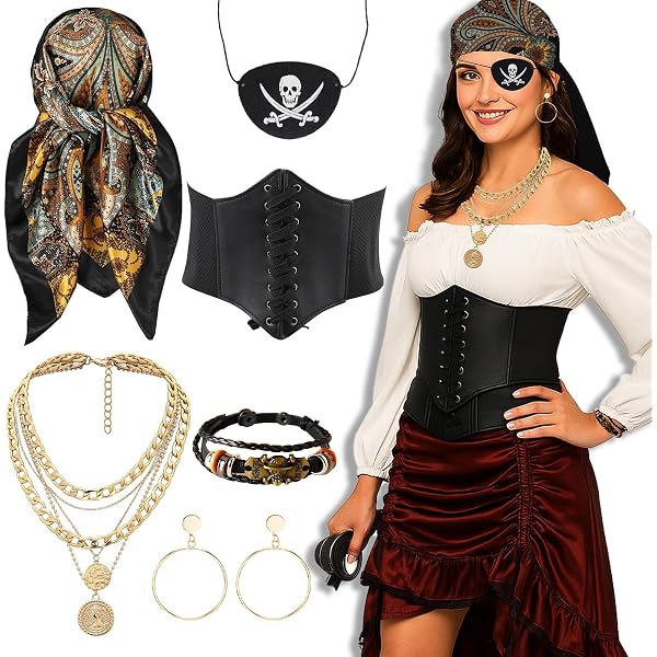 ITJMRJP Accessoire Pirate Femme Lot de 8 Accessoires de Costume de Pirates Deguisement Pirate Femme avec Pirates Bandana Cache Oeil Ceinture pour Halloween Carnaval Cosplay(Noir ITJMRJP Accessoire Pirate Femme Lot de 8 Accessoires de Costume de Pirates Deguisement Pirate Femme avec Pirates Bandana Cache Oeil Ceinture pour Halloween Carnaval Cosplay(Noir