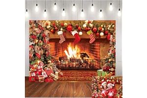 RUYI Christmas Photo Backdrop Xmas Fireplace Decoration 7x5FT Vintage Xmas Tree Sock Gifts Photography Background for Family Kids Portrait Photo Booth Props
