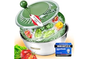 KITAPO Salatschleuder Edelstahl mit Kurbelantrieb [2 in 1 Servierschüssel] 4,5l [Wasserauslass, Spülmaschinengeeignet, rutschfest] Salad Spinner Obstsschleuder hochwertige Salatschleuder groß