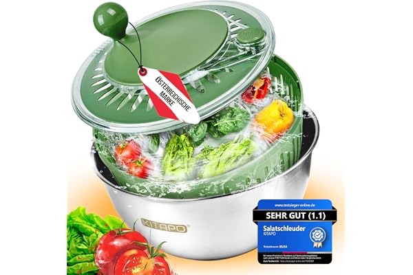 KITAPO Salladsslunga rostfritt stål med vevdrift [2-i-1 serveringsskål] 4,5 l [vattenutlopp, diskmaskinssäker, halkfri] salladspinnare fruktslangbella, högkvalitativ salladsslunga stor