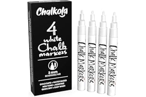 CHALKOLA Fine Tip White Chalk Pens - Pack of 4 Chalk Markers - Use on Chalkboard, Windows, Blackboard, Signs, Glass, Bistro - Water Based Wet Wipe erasable Pen - 3mm Reversible Bullet & Chisel Tip
