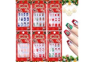 144 piezas Uñas Postizas de Navidad, Kalolary Xmas Stiletto Juego Uñas Postizas con Pestañas Adhesivas Cubierta Completa Árbol Navidad Papá Noel Copos Nieve para Decoración Uñas Festivales (6 cajas)