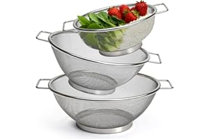 MOPUBZO Set 3 Scolapasta in Acciaio Inox con Manici, Micro-Perforato per Drenaggio Veloce, Scolapasta per Pasta, Riso, Verdura e Frutta, Forte e durevole, Facile da Pulire (18/22/24 cm)