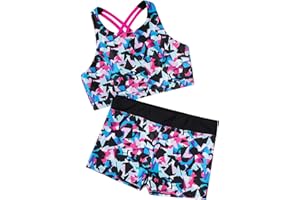 Freebily Kids Girls 2 Pcs Gymnastics Active Set Racer Back Crop Top and Boyshorts Workout Swimsuit