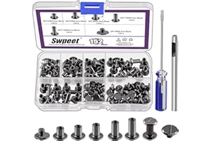 Swpeet 152 pièces m5x5mm, 6mm, 8mm, 10mm, 12mm pistolet noir vis rivets en cuir avec perforateur et tournevis, rond tête plate goujons à double tête pour bricolage cuir artisanat