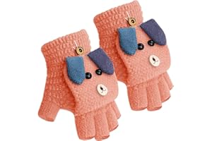 JIAHG Kinder Halbfinger Handschuhe Fingerlose Fäustlinge Mädchen Winter Cartoon Fingerhandschuhe Strickhandschuhe Thermohandschuhe mit Klappe