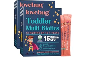 Lovebug Multi-biotics for Toddlers and Kids, 15 Billion CFU, for Children 12 Months to 4 Years, Contains 1 Gram Fiber, 60 Packets