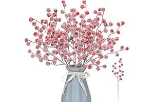 KKSTY 16 Pieces Artificial Snowy Berries Stems,9'' Christmas Holly Berries Picks Sprays Filler Branch for Xmas Decoration Wreath Making Supplies DIY Crafts Winter Season Home Party Décor (Red)