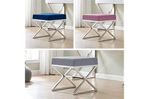 Furniturebox UK Oxford Modern Silver Chrome Metal and Velvet Luxury Upholstered Square Blue/Pink/Grey Living Room Bedroom Hallway Seat Chair Stool Bench (Grey Velvet and Silver Leg Stool)