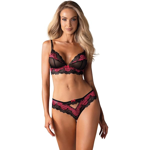 Set Lingerie Seducente Selente – Reggiseno, Slip Ouvert E Benda In Raso, Made In EU, Nero/rosso/bianco/rosa