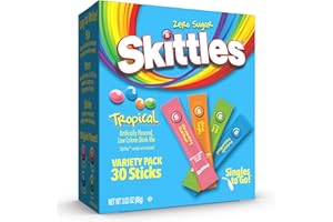 SINGLES TO GO! Skittles Singles To Go Tropical Variety Pack, Watertok Powdered Drink Mix, Includes 4 Flavors, Strawberry Starfruit, Mango Tangelo, Kiwi Lime, Pineapple Passionfruit, 1 Box (30 Single Servings)