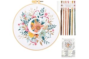 JSRQT Kit de Inicio Bordado de Flores con Letra C, Kit de Bordado de Gama Completa para Principiantes Adultos, Kit de Bordado Hecho a Mano en Punto de Cruz con Herramienta de Bordado para Craft Lover