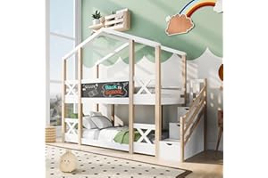 Kehun Etagenbett Kinderbett 90 x 200, Hausbett für 2 Kinder, Hochbett Holzbett mit Lattenrost und Schublade, Baumhaus Bett mit Rausfallschutz und Treppe, Weiß, Ohne Matratze
